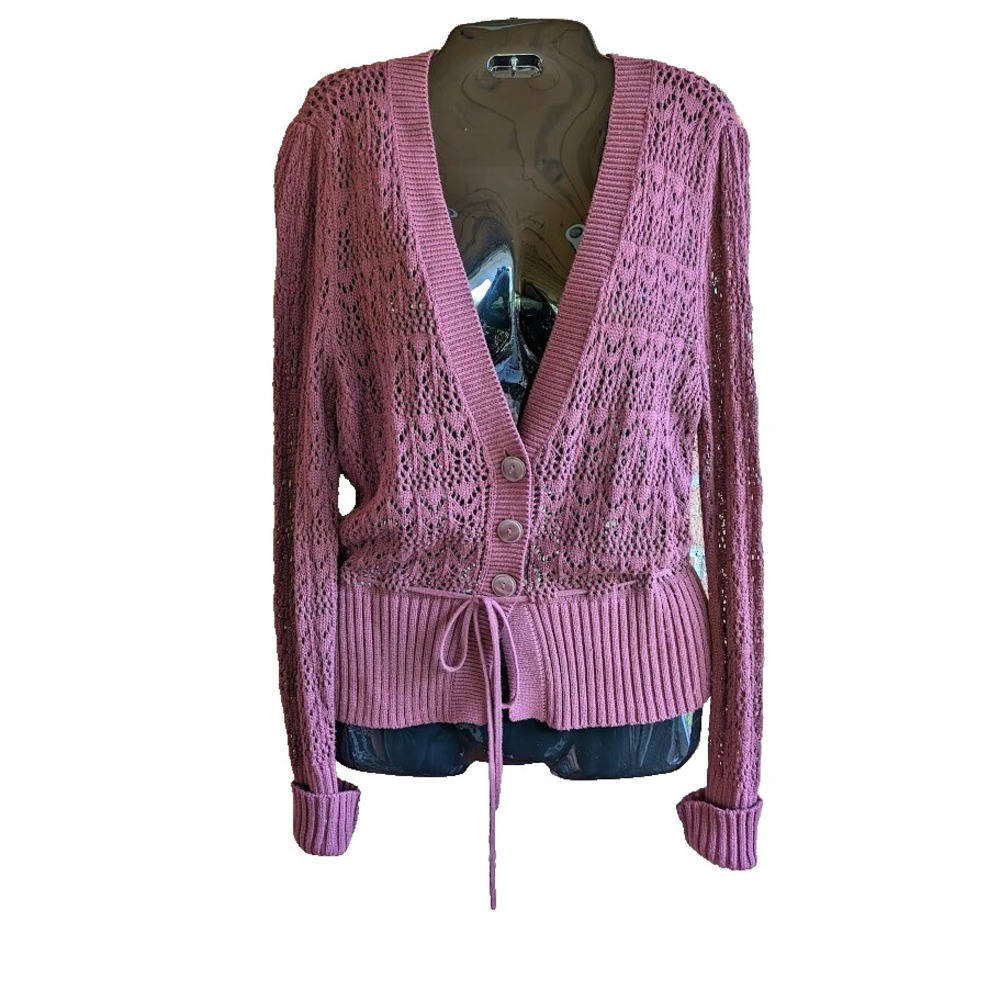 Womens Pointelle Knit Sweater M Cardigan Tie Waist Classic Timeless Cozy Layer